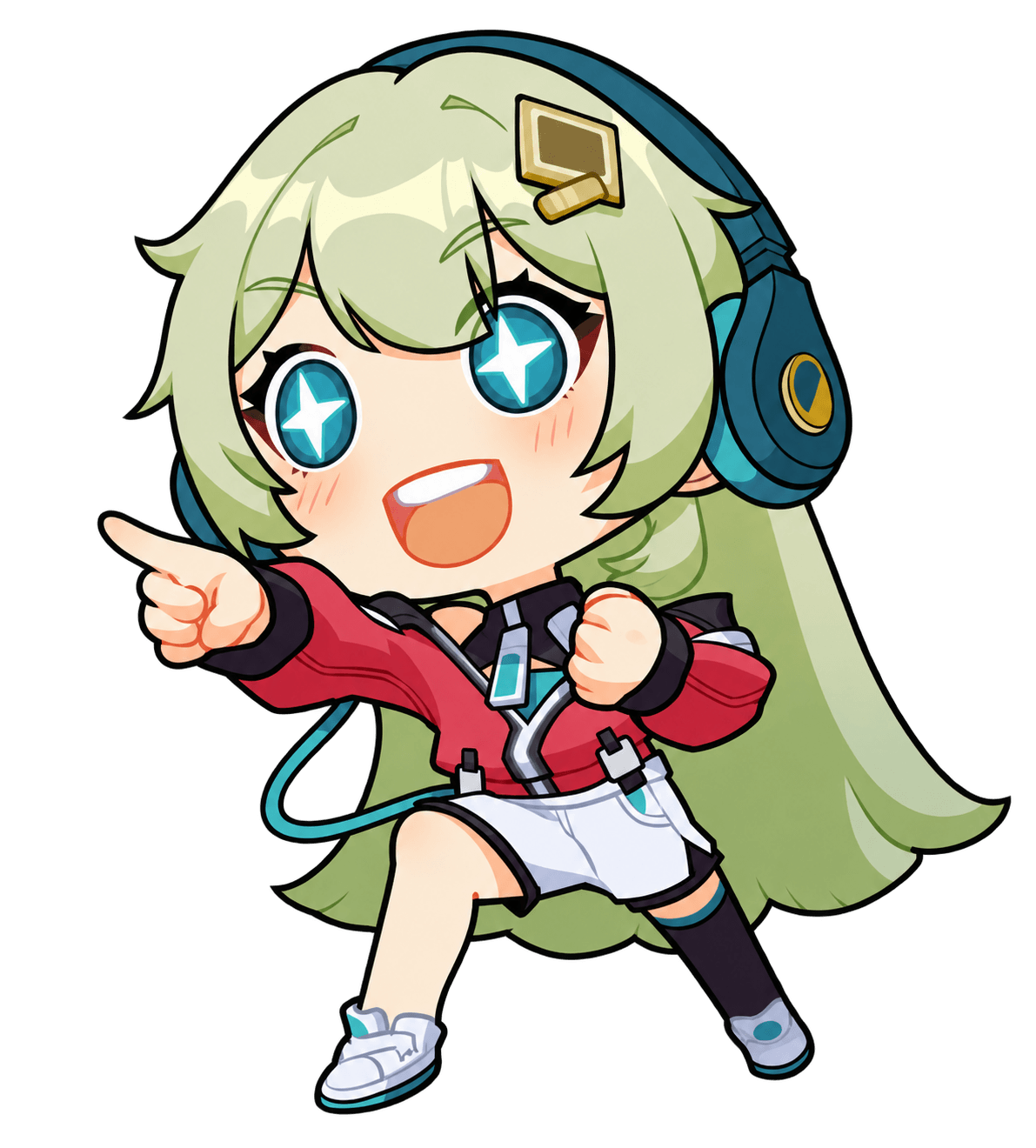 Cute Etheria character with pale green hair and blue headphones